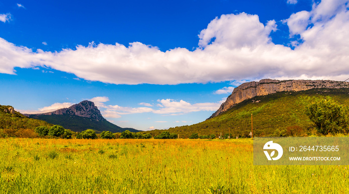 Le pic Saint Loup et la montagne de l’Hortus derrière Montpellier en Occitanie dans l’Hérault, France