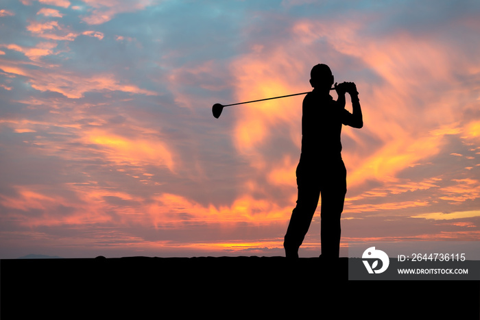 silhouette golfer playing golf during beautiful sunset