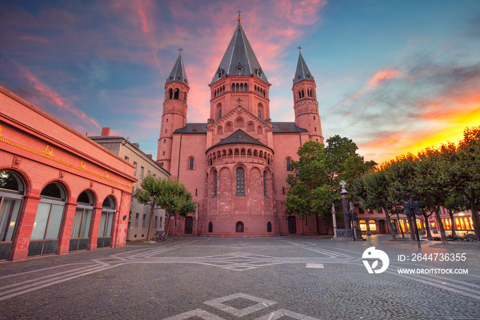 Mainz, Germany. Cityscape image of Mainz downtown with Mainz Cathedral during beautiful sunset.