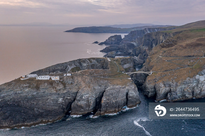 Aerial view with Mizen Head Lighthouse with spectaculars cliffs in West Cork Ireland