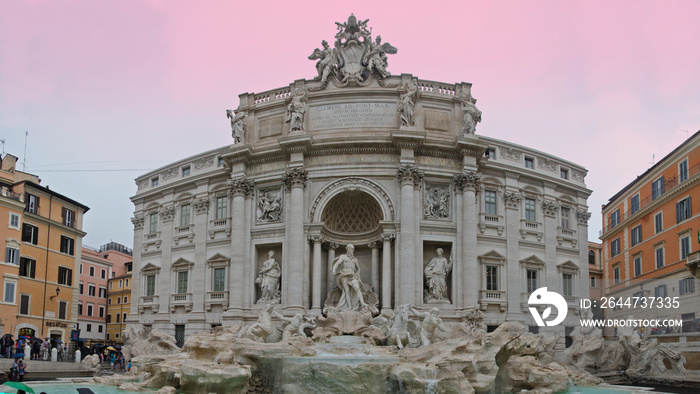 Fontana di Trevi, Full front facade with a blue-purple gradient sky background