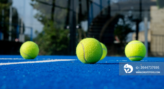 Selective focus, Paddle tennis balls on a blue paddle tennis court, view from ground level. Racket sports