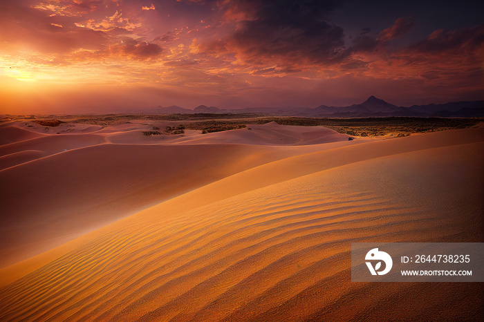 Panorama banner of sand dunes Sahara Desert at sunset. Endless dunes of yellow sand. Desert landscape Waves sand nature