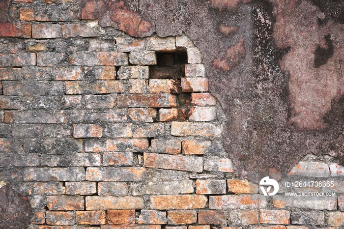 Funky ancient brick wall with crumbling plaster abstract horizontal background texture