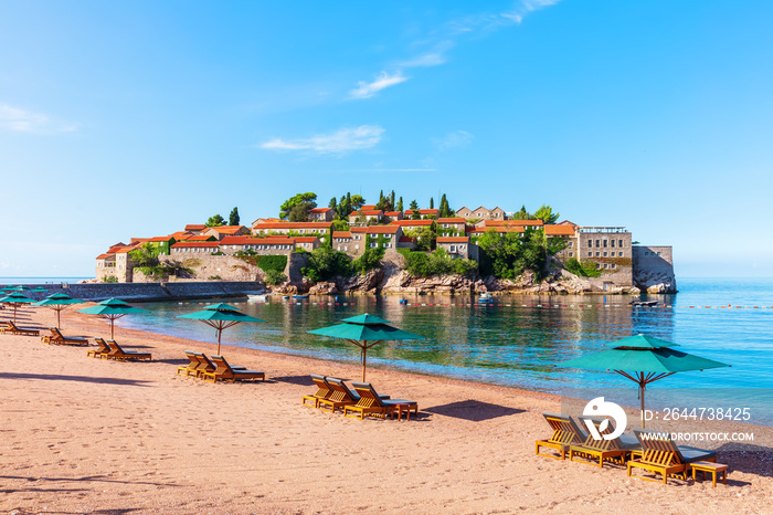 Beautiful view of the beach next to the Sveti Stefan island, Budva region, Montenegro