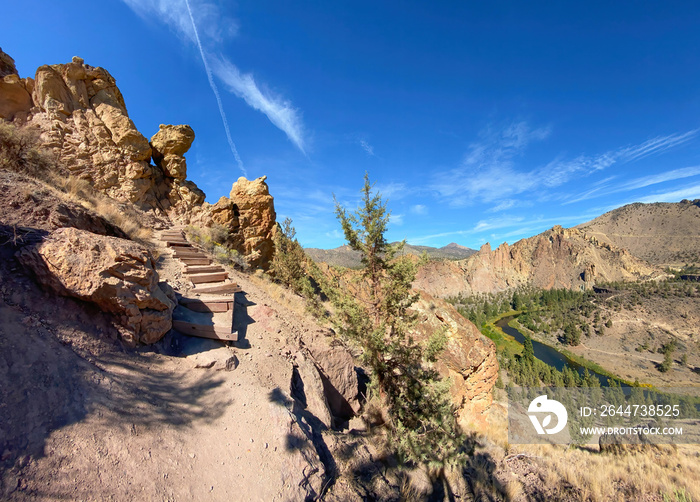 Stairs along Smith Rock hiking trail with beautiful view