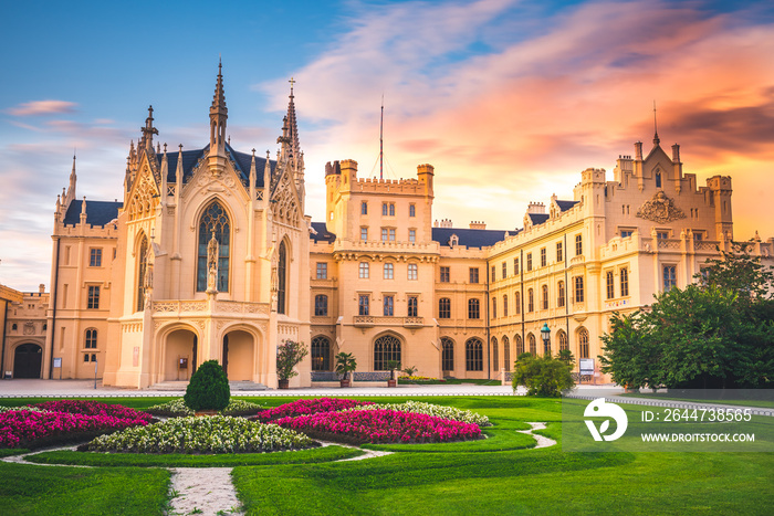 Lednice Chateau with beautiful gardens and parks on sunny summer day.  Lednice-Valtice  Landscape, South Moravian region. UNESCO World Heritage Site.