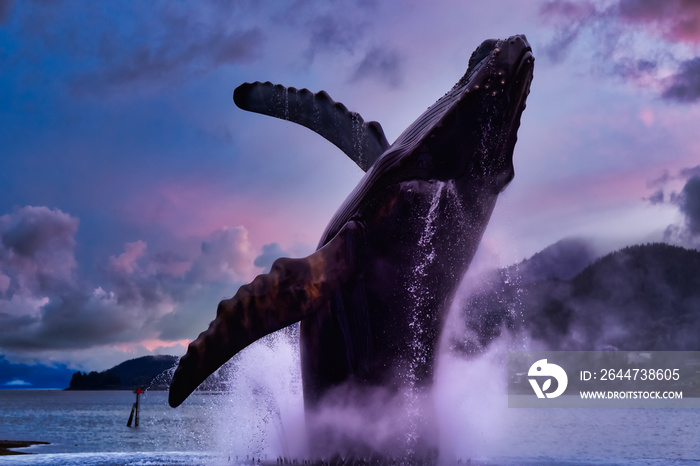 Juneau, Alaska, United States of America. Statue of a Big Wale jumping out from water in a small touristic town. Dramatic Sunset Sky