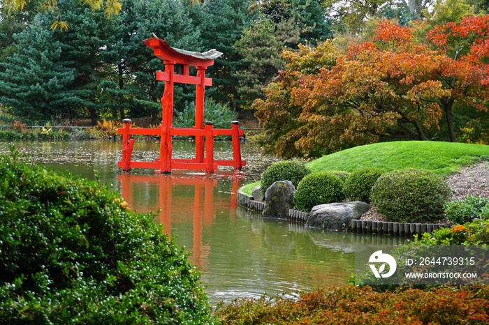 Brooklyn Botanic Garden, NY: The bright red torii (gateway) in the Japanese Hill-and-Pond Garden, one of the oldest and most visited Japanese-inspired gardens outside of Japan.