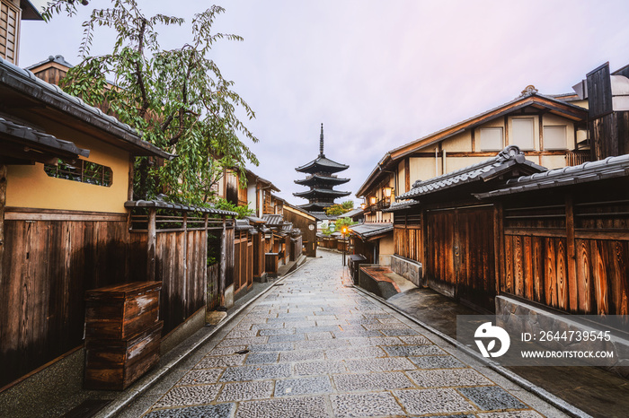 Beautiful morning at Yasaka Pagoda and Sannen Zaka Street in summer, Kyoto, Japan. Yasaka Pagoda is the famous landmark and travel attraction of Kyoto.