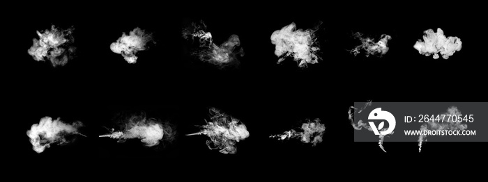 Smoke clouds, steam mist fog and white foggy vapor, vape smoke set isolated on black background