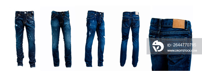 Blue jeans pants isolated front and rear White background .