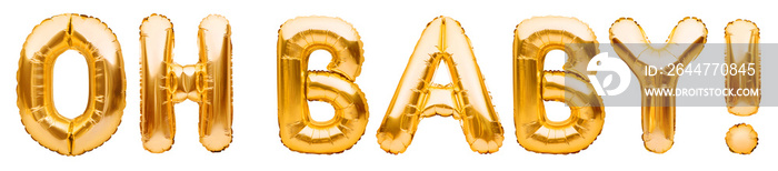 Words OH BABY made of golden inflatable balloons isolated on white background. Helium foil balloons forming text. Baby shower, birthday party celebrating decoration.