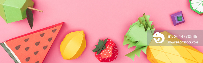 panoramic shot of multicolored handmade paper fruits isolated on pink