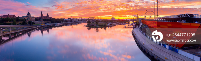 Szczecin. City embankment in the historical part of the city at dawn.