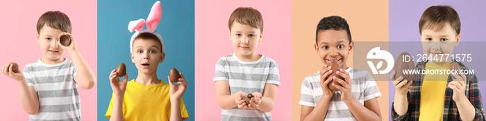 Set of cute little boys with chocolate Easter eggs on colorful background