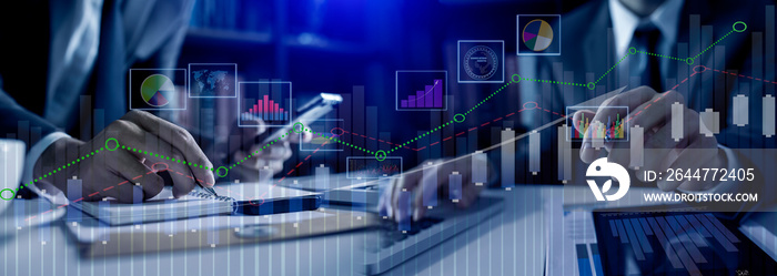 Businessman hands working on network and digital finance marketing chart with future technology innovation and digital transformation concept.