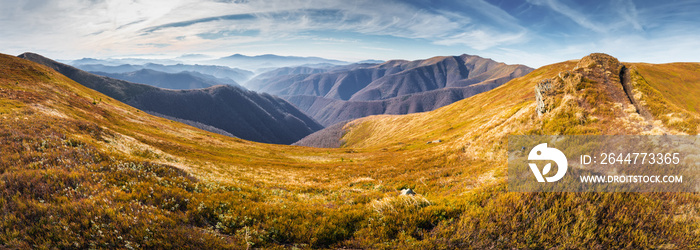 Majestic panorama of the mountains on a sunny autumn day. Alpine ski resort. Walking walks. Location Karpaty, Ukraine, Europe. The world of beauty.