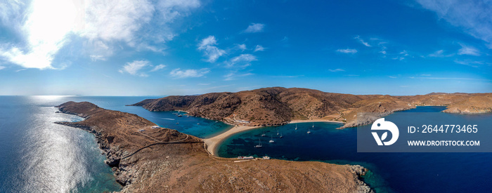 Kolona Fykiada double sided sandy beach, panoramic drone view. Greece, Kithnos island, Cyclades.