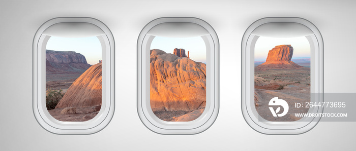 Monument Valley landscape as seen from three airplane windows. Holiday, vacation and travel concept