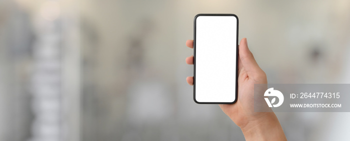 Cropped shot of a man showing blank screen smartphone in blurred glass partition office