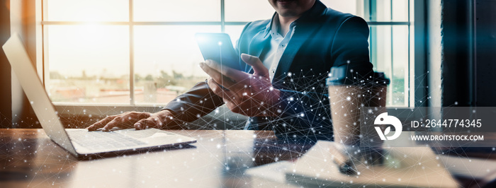 Businessmen people using smartphones in modern offices with line dots in banner size. Futuristic and Internet cyber data link and network theme for Business and Connection concept.