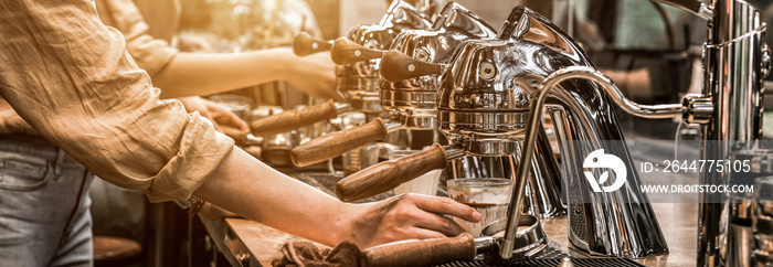 barista make coffee latte art with coffee espresso machine in coffee shop cafe, Espresso poruing from coffee machine at cafe, Process of making fresh drink, With machine, coffee shop owner