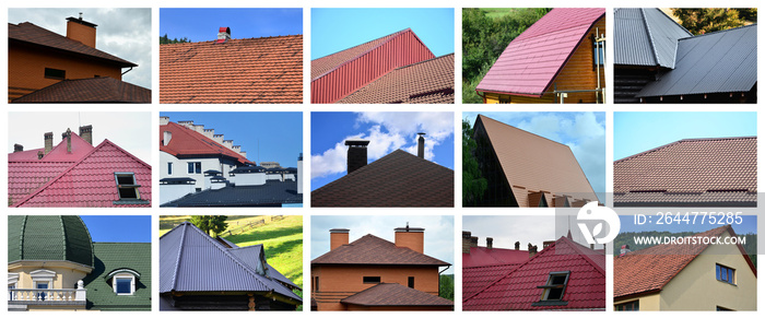 A collage of many pictures with fragments of various types of roofing. Set of images with roofs