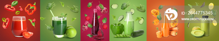 Different vegetable juices and flying ingredients on color background