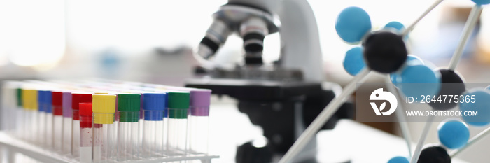 There is rack on table with many test tube with colorful lid and plastic molecule. In background is white microscope.