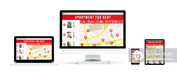 realistic devices isolated with apartment for rent website