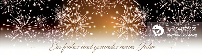 Feuerwerk-Banner mit weiß-braunen Hintergrund, weissem Feuerwerk und Schriftzug -Ein frohes und gesundes neues Jahr.