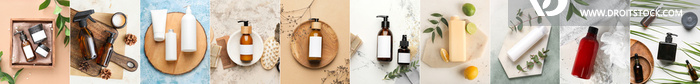 Group of bath cosmetic products on light background