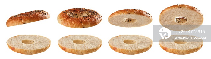 Halved bagels flying on white background