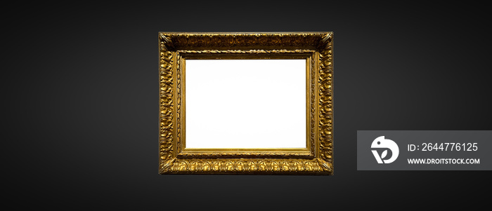 Antique art fair gallery frame on royal black wall at auction house or museum exhibition, blank template with empty white copyspace for mockup design, artwork concept