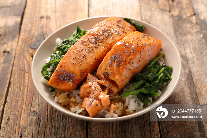 salmon, rice and vegetable