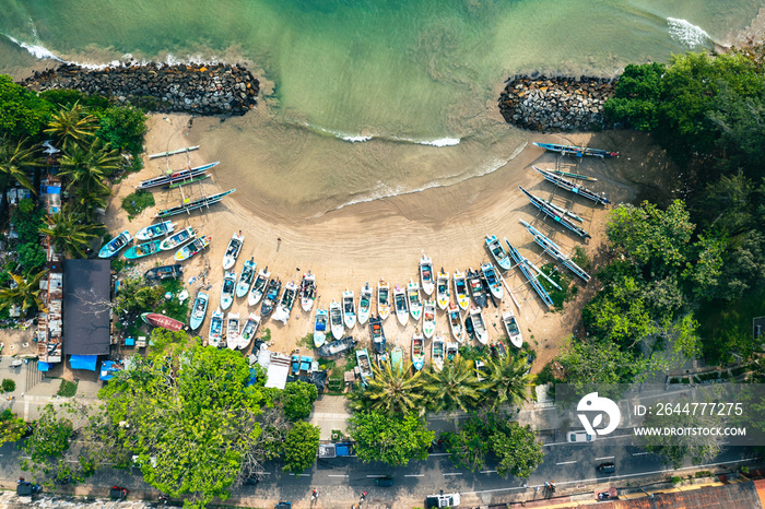 Aerial View of Fisher Boats on the Beach in Galle, Sri Lanka.