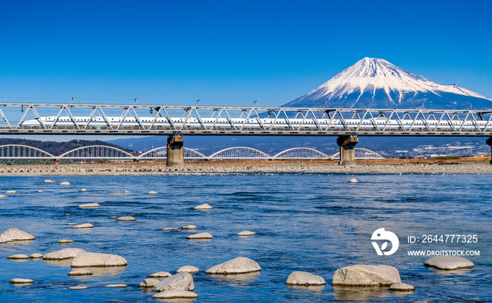 Bullet train passing Mount Fuji and the Fujikawa bridge, Shizuoka, Japan