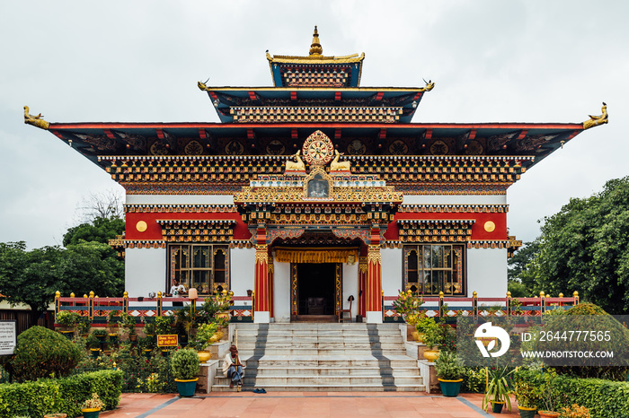 Colorful decorated facade in Bhutanese style of The Royal Bhutanese Monastery with copy space in Bodh Gaya, Bihar, India.