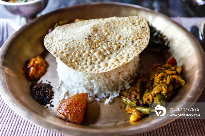 Dal bhat and chapati, a traditional from the Indian subcontinent, popular in many areas of India, Pakistan, Bangladesh and Nepal. Lalitpur, Nepal, Asia