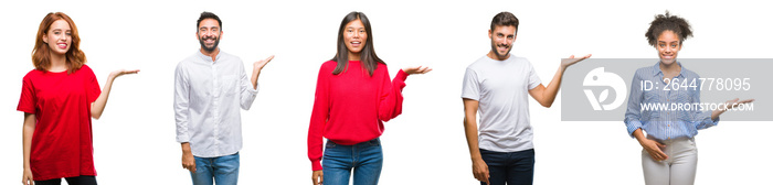 Collage of group chinese, indian, hispanic people over isolated background smiling cheerful presenting and pointing with palm of hand looking at the camera.