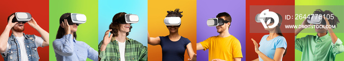 Video gaming concept. Collage of diverse people wearing VR headsets and experiencing augmented reality, panorama