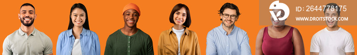 Collection of studio photos of multiethnic millennials smiling at camera