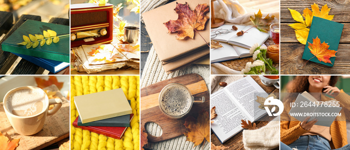 Autumn collage of young woman with books and cups of hot drinks