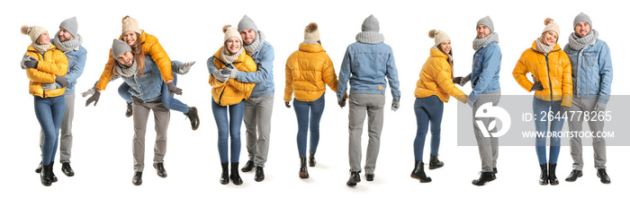 Portrait of happy couple in winter clothes on white background