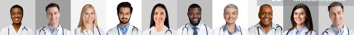 Row Of Multicultural Doctors Portraits, Gray And White Backgrounds, Collage