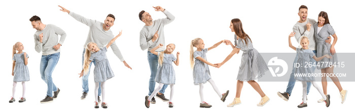 Man and his little daughter dancing against white background