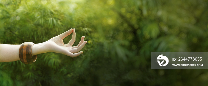 Hand in meditation gyan mudra position in natural environment. Nature meditation banner with copy space.