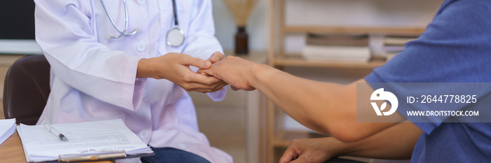 Health concept, Woman caregiver touch hand to encourage senior man after telling result of health