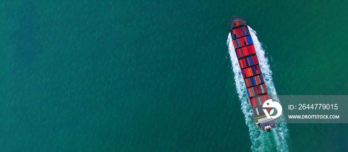 Container ship carrying container for import and export, business logistic and transportation by container ship in open sea, Aerial view container ship with copy space for design banner web